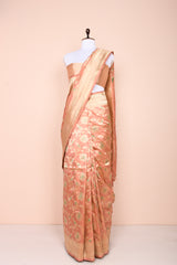 Draped Beautifully Peach Floral Jaal Handwoven Banarasi Silk Saree By Chinaya Banaras
