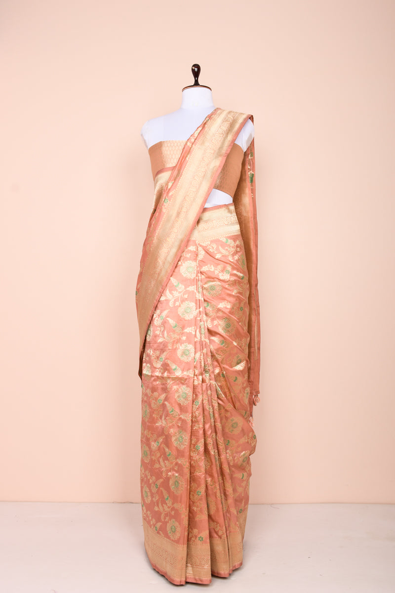 Draped Beautifully Peach Floral Jaal Handwoven Banarasi Silk Saree By Chinaya Banaras