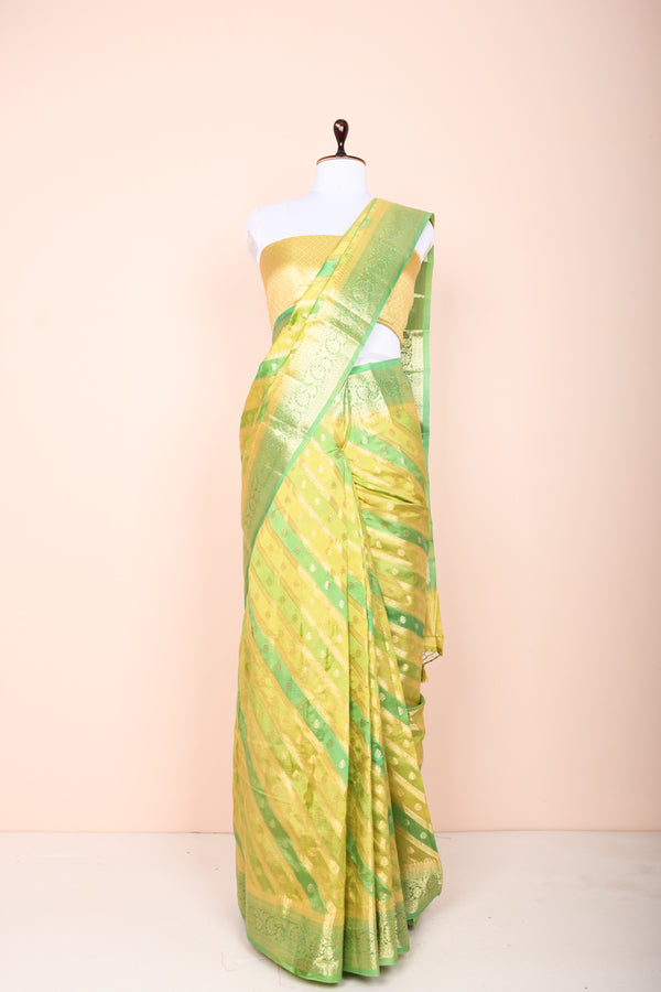 Draped Beautifully Lime Green Rangkat Chiniya Silk Saree By Chinaya Banaras