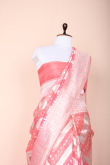 French Pink Rangkat  Zig Zag Woven Banarasi Organza Silk Saree