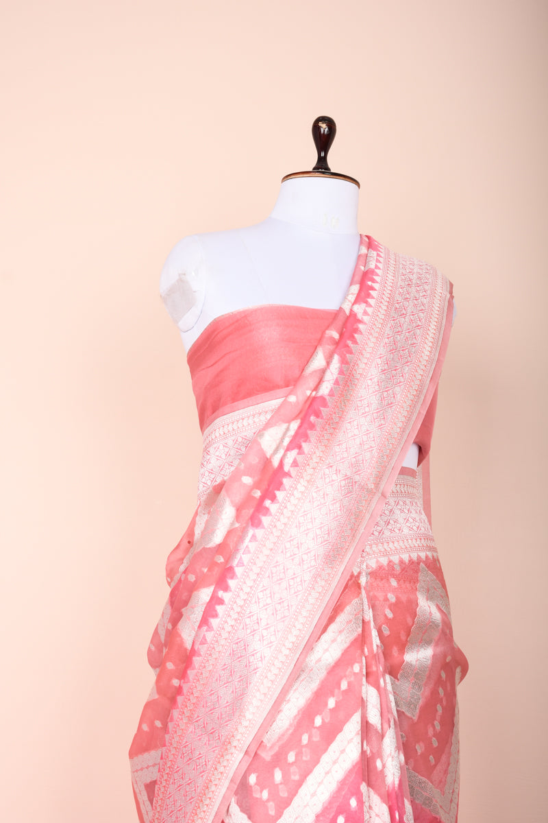 French Pink Rangkat  Zig Zag Woven Banarasi Organza Silk Saree