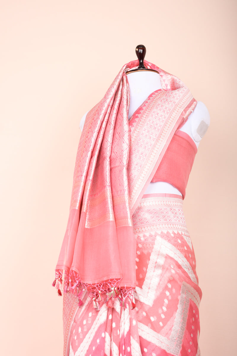 French Pink Rangkat  Zig Zag Woven Banarasi Organza Silk Saree