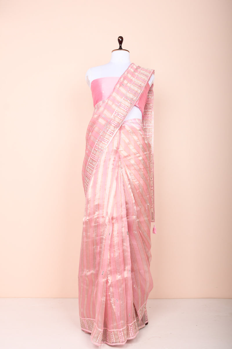 Draped Beautifully Blush Pink Embellished Tissue Silk Saree By Chinaya Banaras