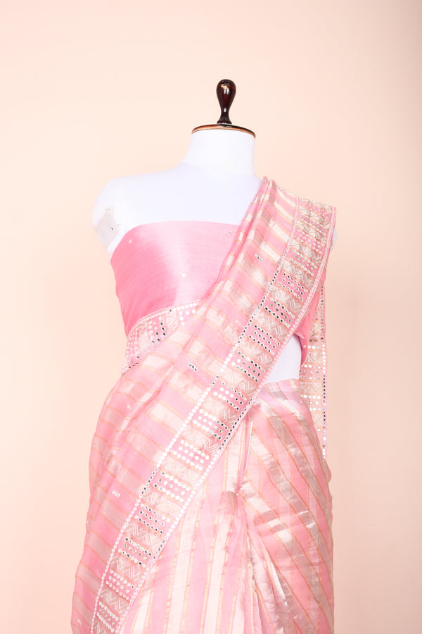 Blush Pink Embellished Tissue Silk Saree