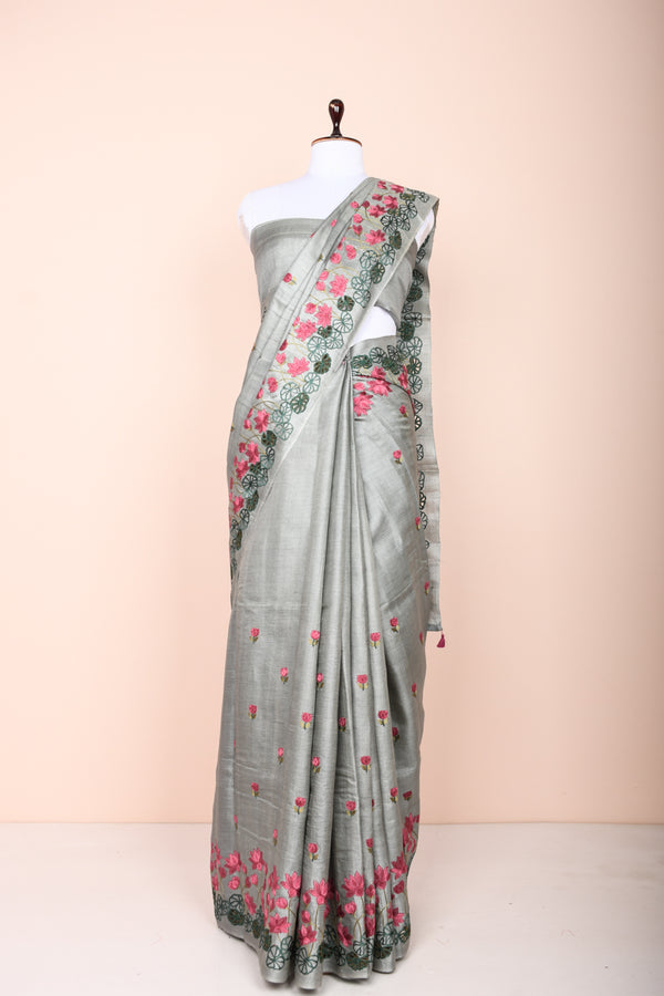Draped Beautifully Slate Grey Embroidered Tussar Silk Saree By Chinaya Banaras 