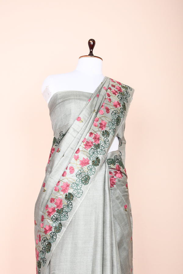 Slate Grey Embroidered Tussar Silk Saree