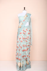 Draped Beautifully Sky Blue Pichwai  Printed Kantha Embroidered Linen Saree By Chinaya Banaras