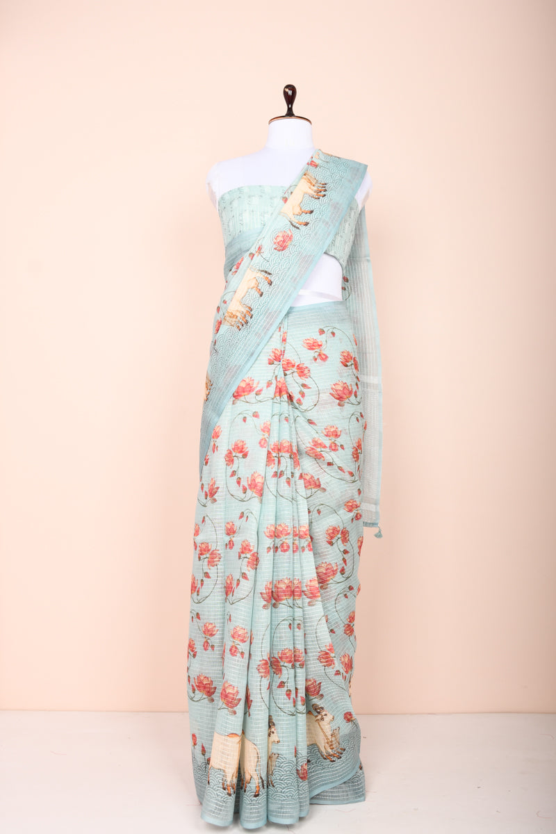 Draped Beautifully Sky Blue Pichwai  Printed Kantha Embroidered Linen Saree By Chinaya Banaras