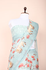 Sky Blue Kantha Embroidered Linen Saree