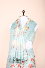 Sky Blue Kantha Embroidered Linen Saree