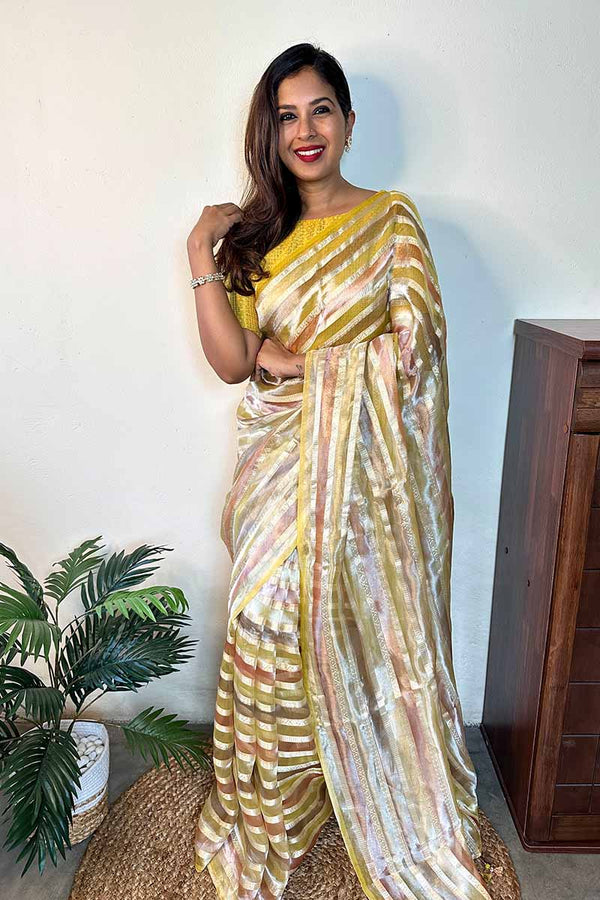 Indian Women Draped Beautifully Daffodil Yellow Striped Handwoven Tissue Silk Saree