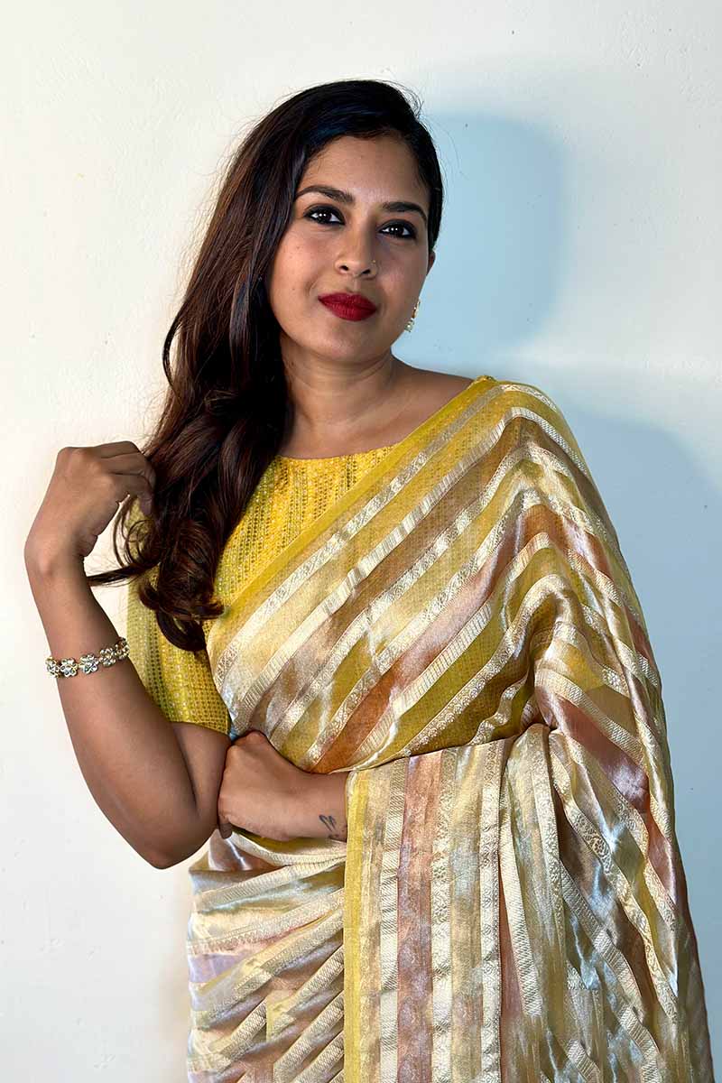 Sunitha Scharma In Daffodil Yellow Striped Rangkat Tissue Silk Saree With Stitched Blouse - Chinaya Banaras