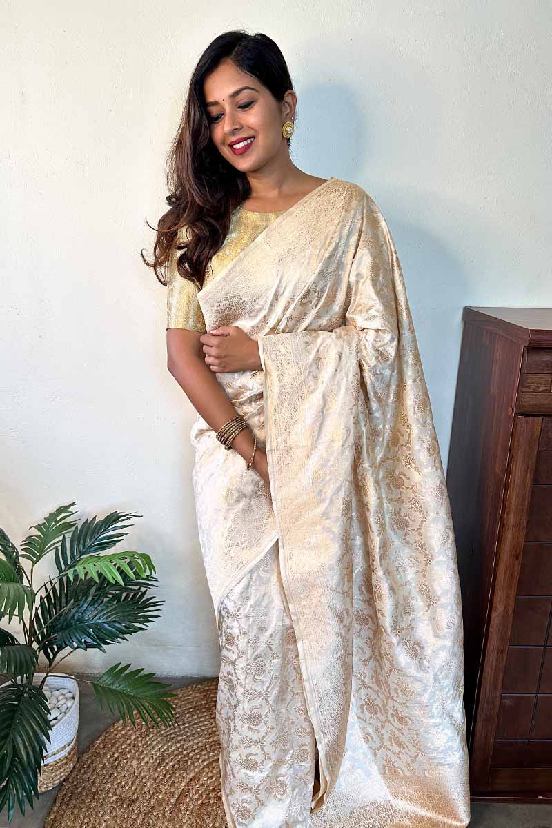 Indian Women Draped Beautifully Almond White Handwoven Banarasi Silk Saree By Chinaya Banaras 