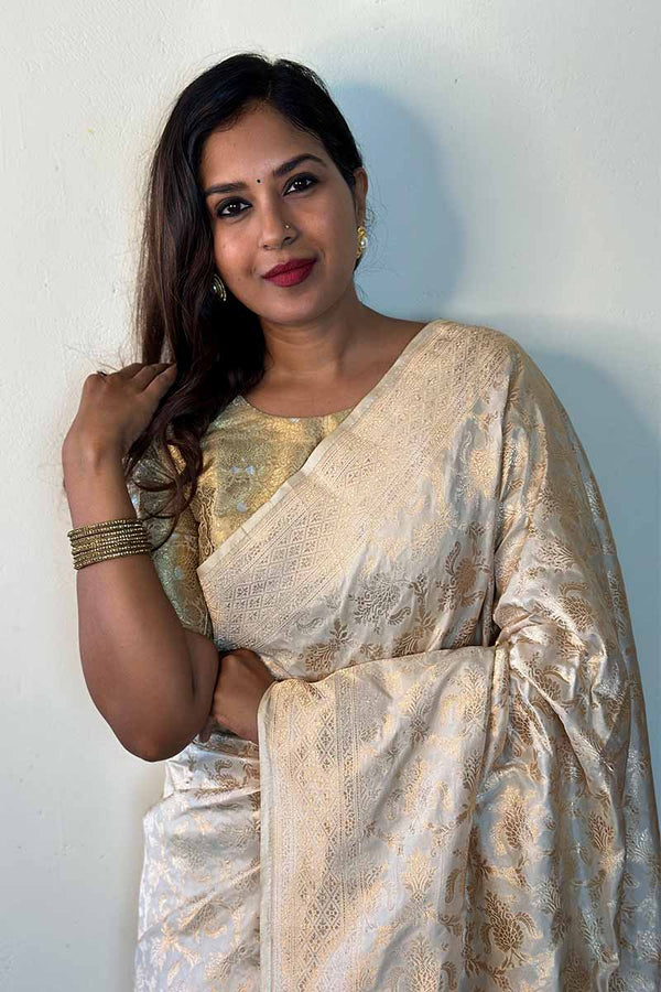 Almond White Handwoven Banarasi Silk Saree With Stitched Blouse