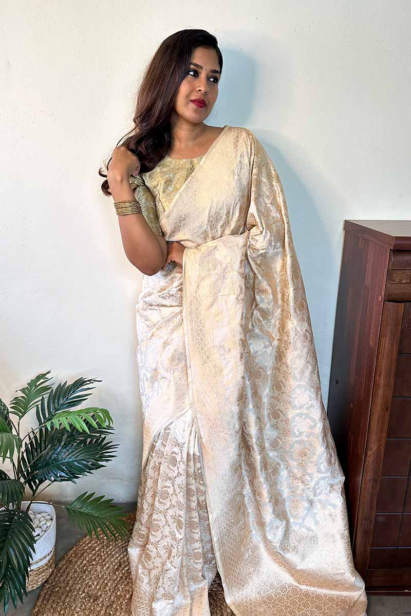 Almond White Handwoven Banarasi Silk Saree With Stitched Blouse