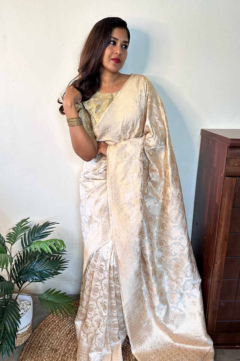 Sunitha Scharma In Almond White Handwoven Banarasi Katan Silk Saree