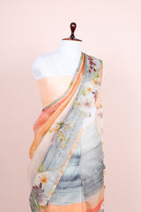 Peach & Grey Embellished Organza Silk Saree - Chinaya Banaras