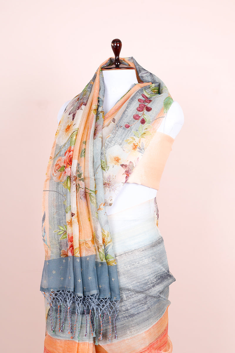 Peach & Grey Embellished Organza Silk Saree - Chinaya Banaras