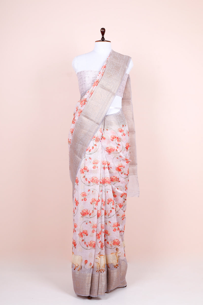 Draped Beautifully Periwinkle Pichwai Printed Linen Saree By Chinaya Banaras