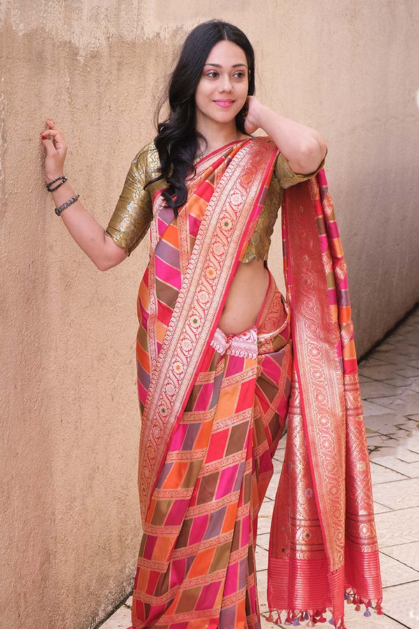 Multicolor Rangkat Handwoven Banarasi Silk Saree  By Chinaya Banaras 