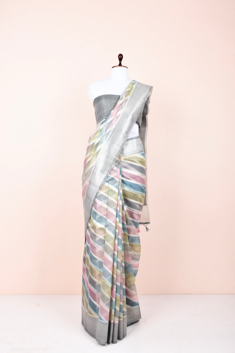 Silver Grey Rangkat Woven Organza Silk Saree By Chinaya Banaras 