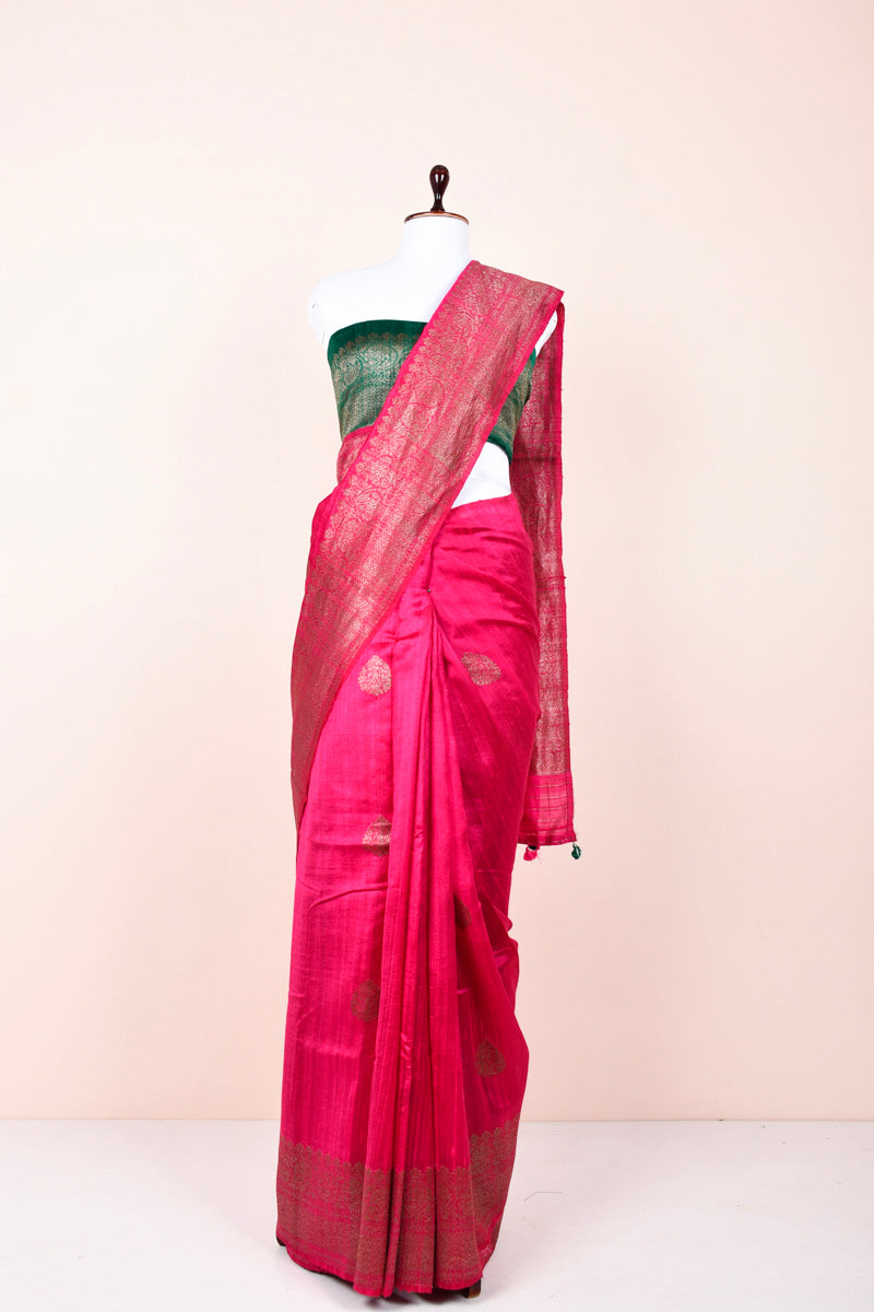 Magenta Purple Handwoven Raw Silk Saree By Chinaya Banaras