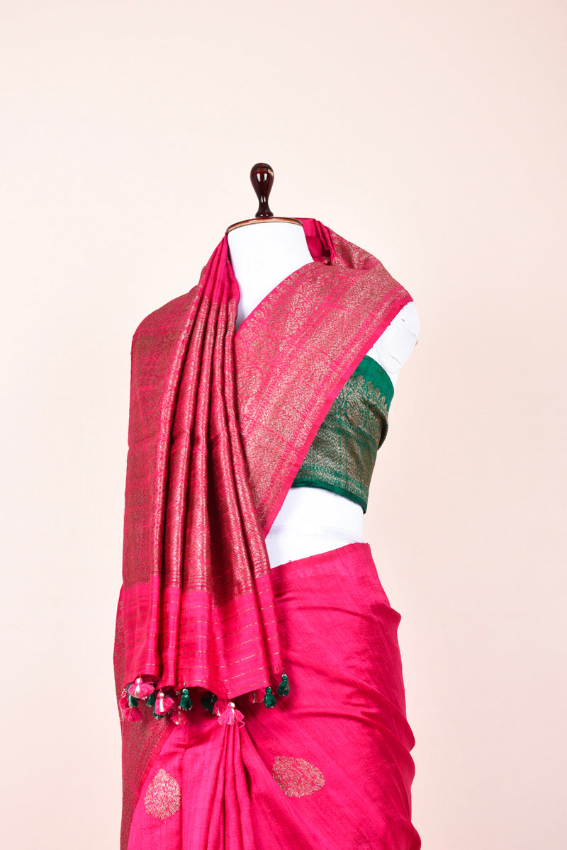 Magenta Pink Handwoven Raw Silk Saree