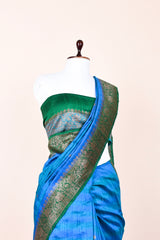 Cobalt Blue Rangkat Handwoven Raw Silk Saree - Chinaya Banaras