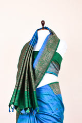 Cobalt Blue Rangkat Handwoven Raw Silk Saree - Chinaya Banaras