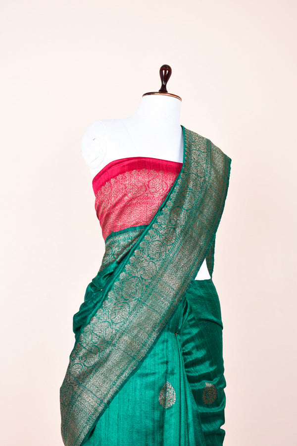 Forest Green Handwoven Raw Silk Saree