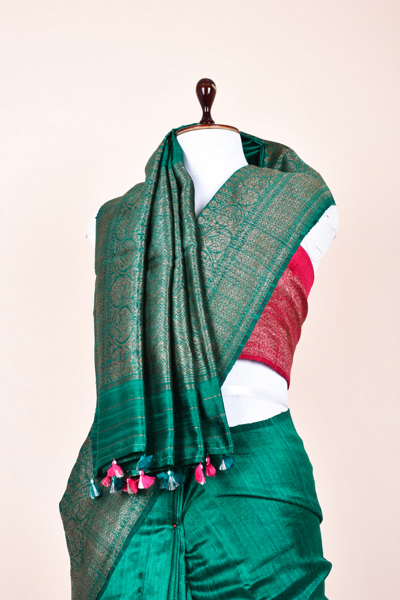 Forest Green Handwoven Raw Silk Saree