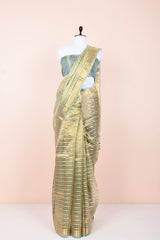 Sage Green Striped Handwoven Tissue Silk Saree  By Chinaya Banaras 
