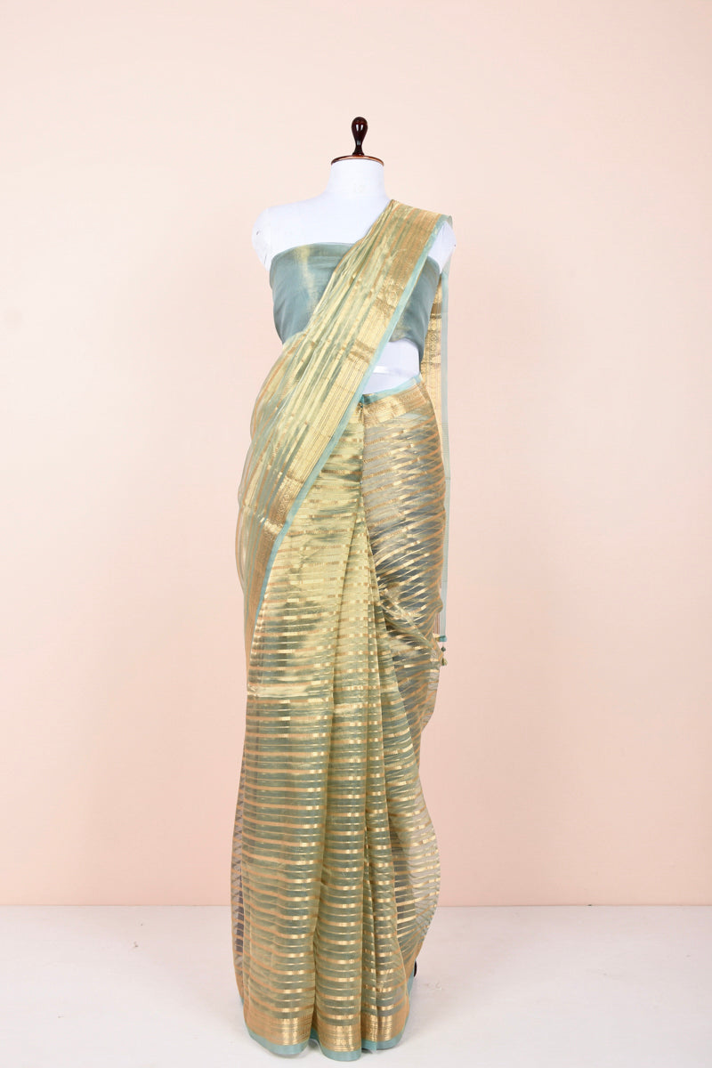 Sage Green Striped Handwoven Tissue Silk Saree  By Chinaya Banaras 