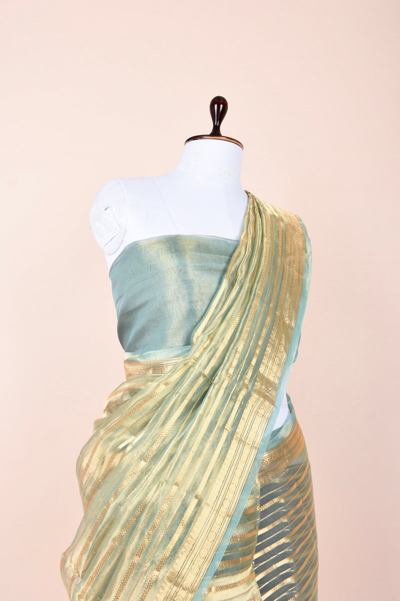 Sage Green Striped Handwoven Tissue Silk Saree - Chinaya Banaras