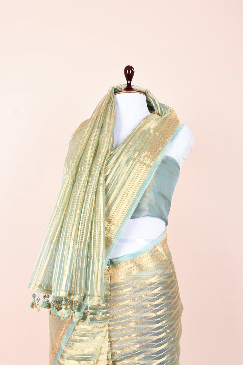 Sage Green Striped Handwoven Tissue Silk Saree - Chinaya Banaras