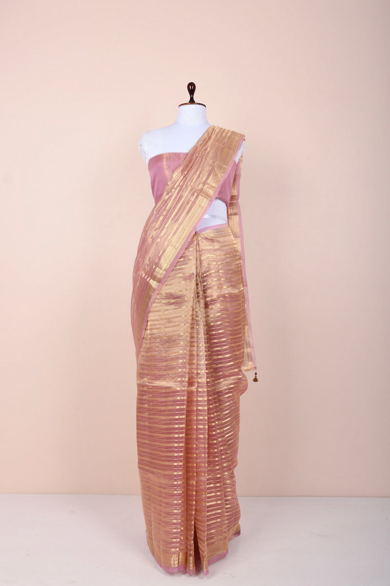 Rose Pink Striped Handwoven Tissue Silk Saree By Chinaya Banaras 