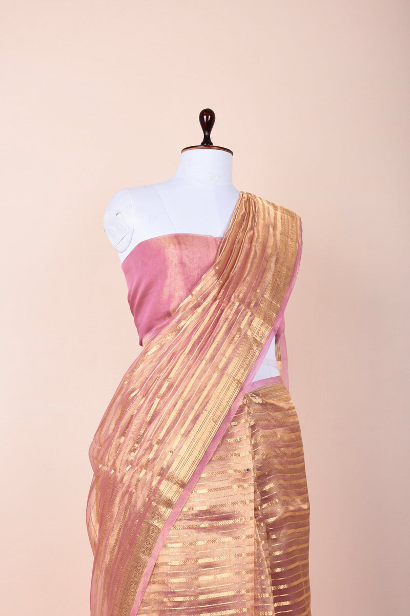 Rose Pink Striped Handwoven Tissue Silk Saree