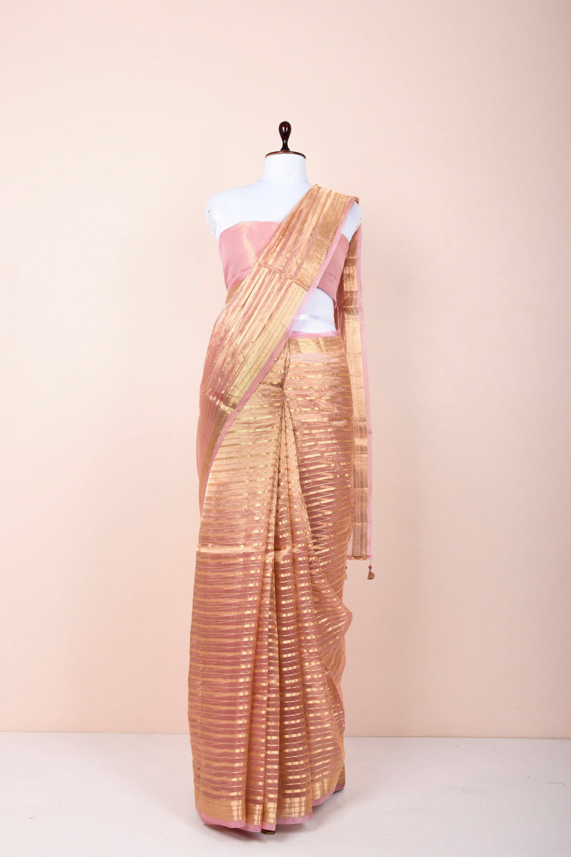 Lilac Striped Handwoven Tissue Silk Saree  By Chinaya Banaras 