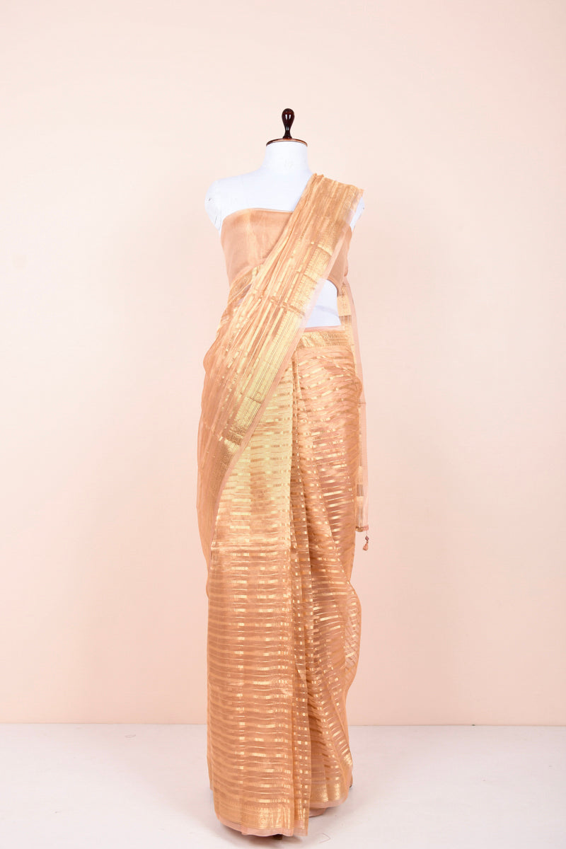 Rose Gold Striped Handwoven Tissue Silk Saree By Chinaya Banaras 