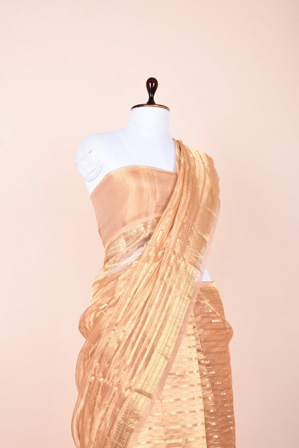 Rose Gold Striped Handwoven Tissue Silk Saree