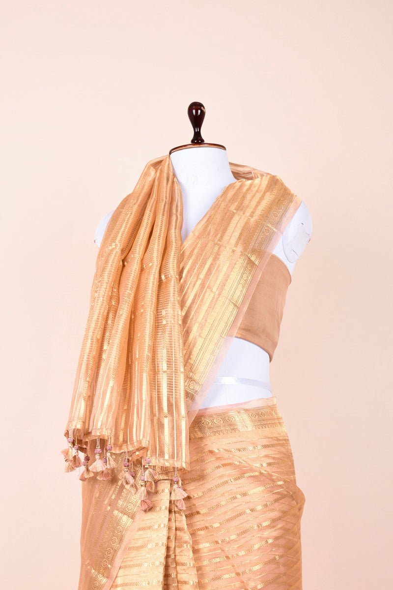 Rose Gold Striped Handwoven Tissue Silk Saree