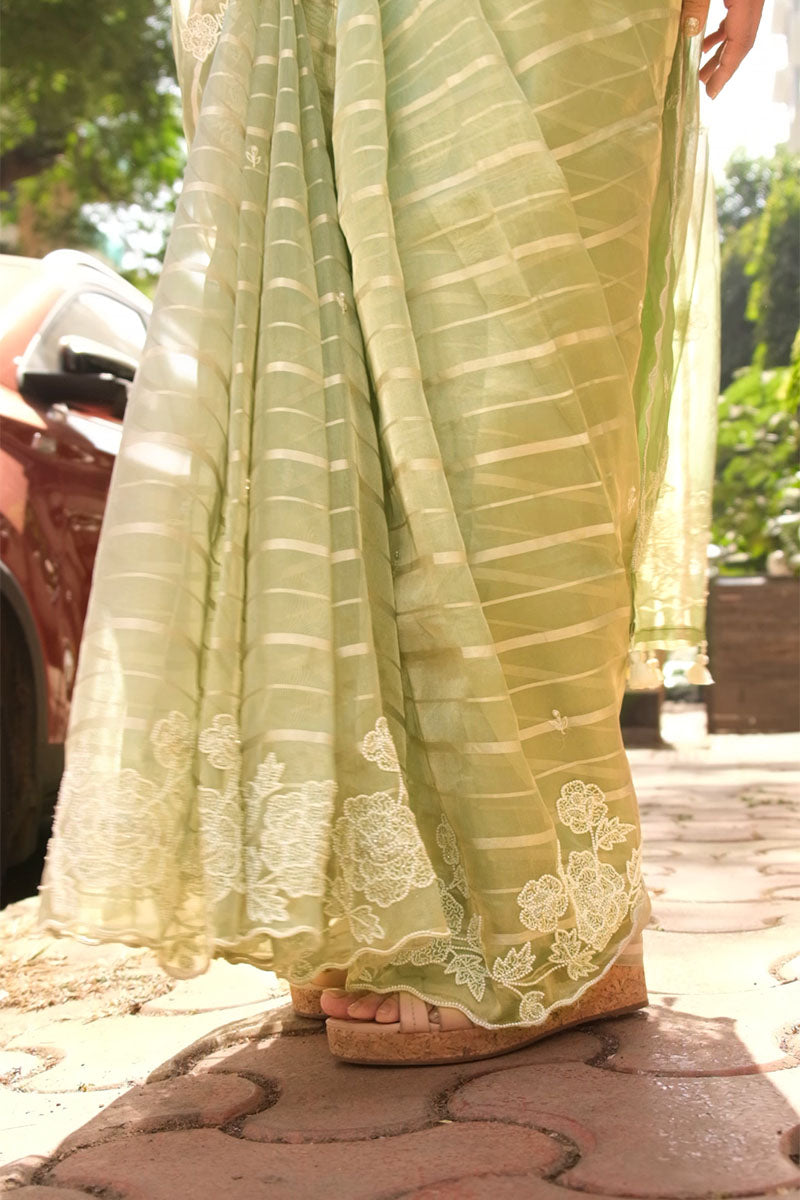 Ratnika Vyas In Sage Green Embellished Tissue Silk Saree - Chinaya Banaras