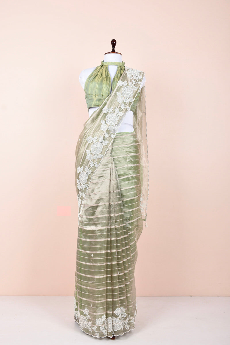 Draped Beautifully Sage Green Embellished Tissue Silk Saree By Chinaya Banaras 