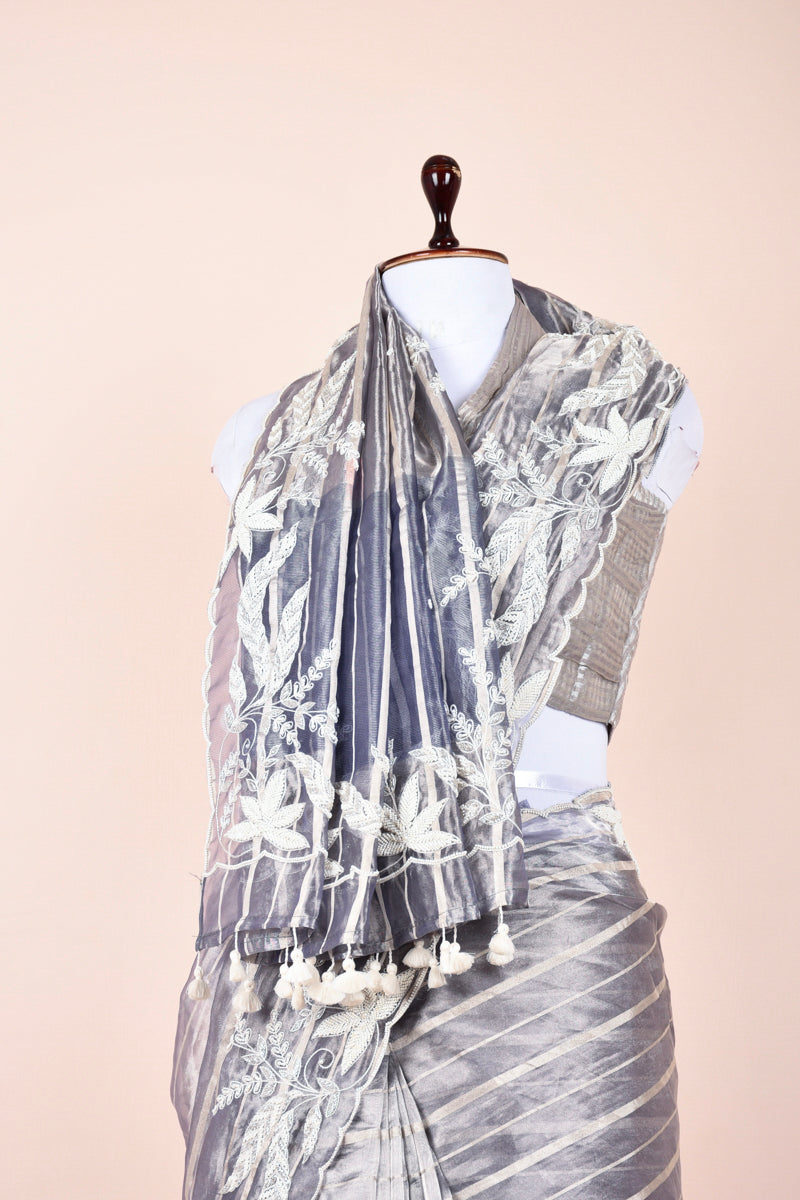 Silver Grey Embelliished Tissue Silk Saree