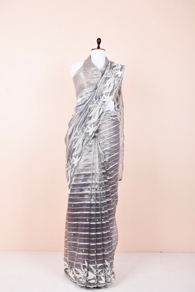 Draped on Dummy Beautifully Silver Grey Embelliished Tissue Silk Saree By Chinaya Banaras 