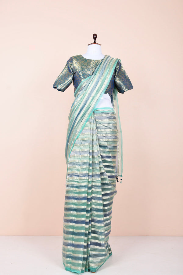 Aqua Blue Striped Rangkat Tissue Silk Saree  By Chinaya Banaras 