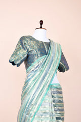 Aqua Blue Striped Rangkat Tissue Silk Saree With Stitched Blouse