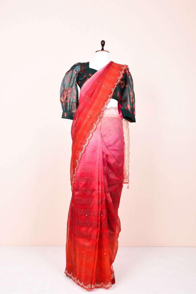 Bright Red Embellished Organza Silk Saree By Chinaya Banaras 