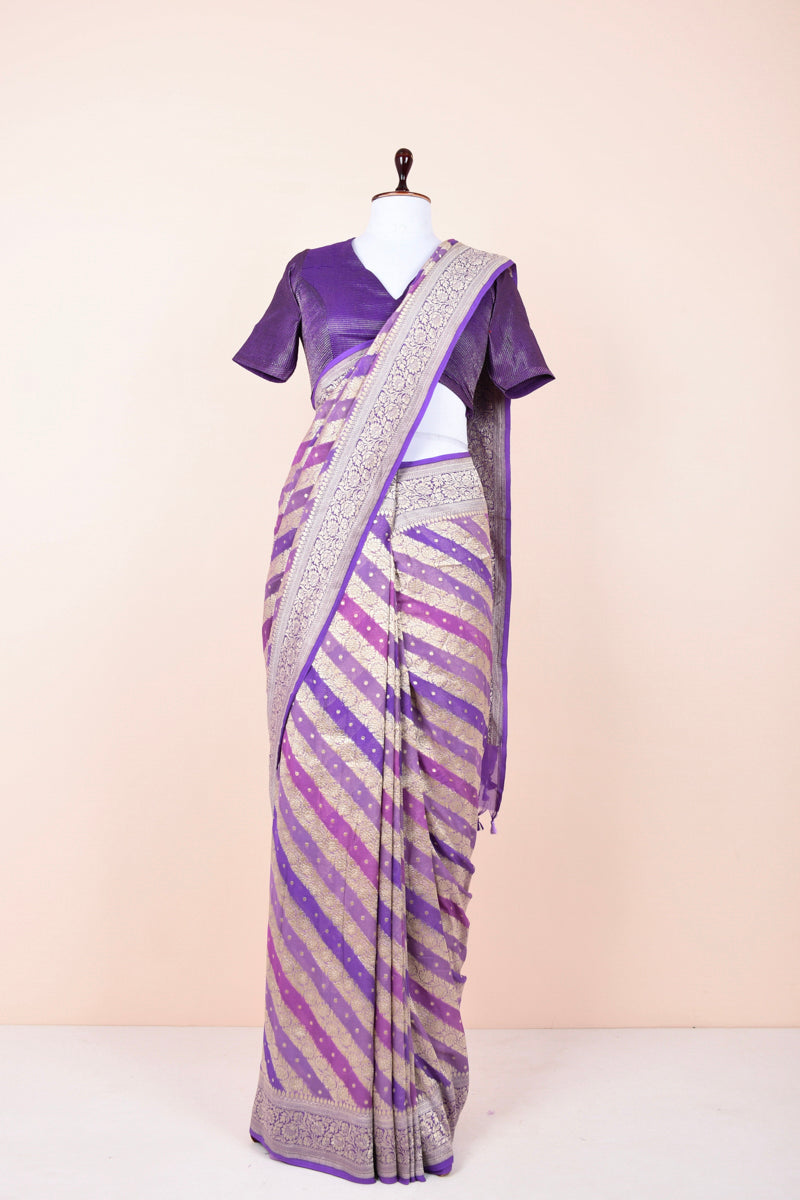 Draped On Dummy Beautifully  Iris Purple Rangkat Handloom Georgette Khaddi Silk Saree By Chinaya Banaras 