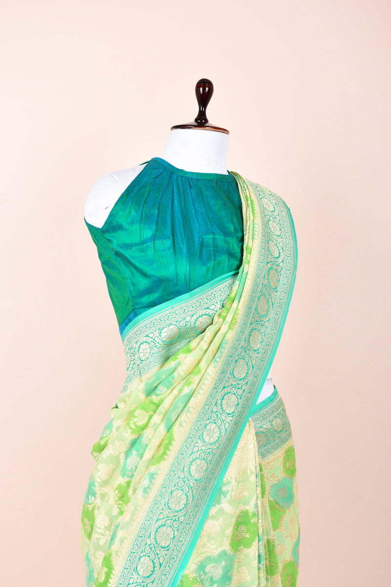 Sea Foam Green Rangkat Handwoven Georgette Khaddi Silk Saree
